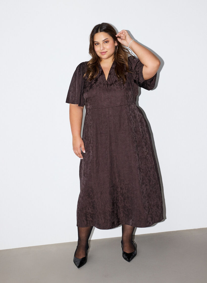 Midikleid aus Jacquard mit Paisleymuster und Fl&uuml;gel&auml;rmeln, Braun, Model image number 0