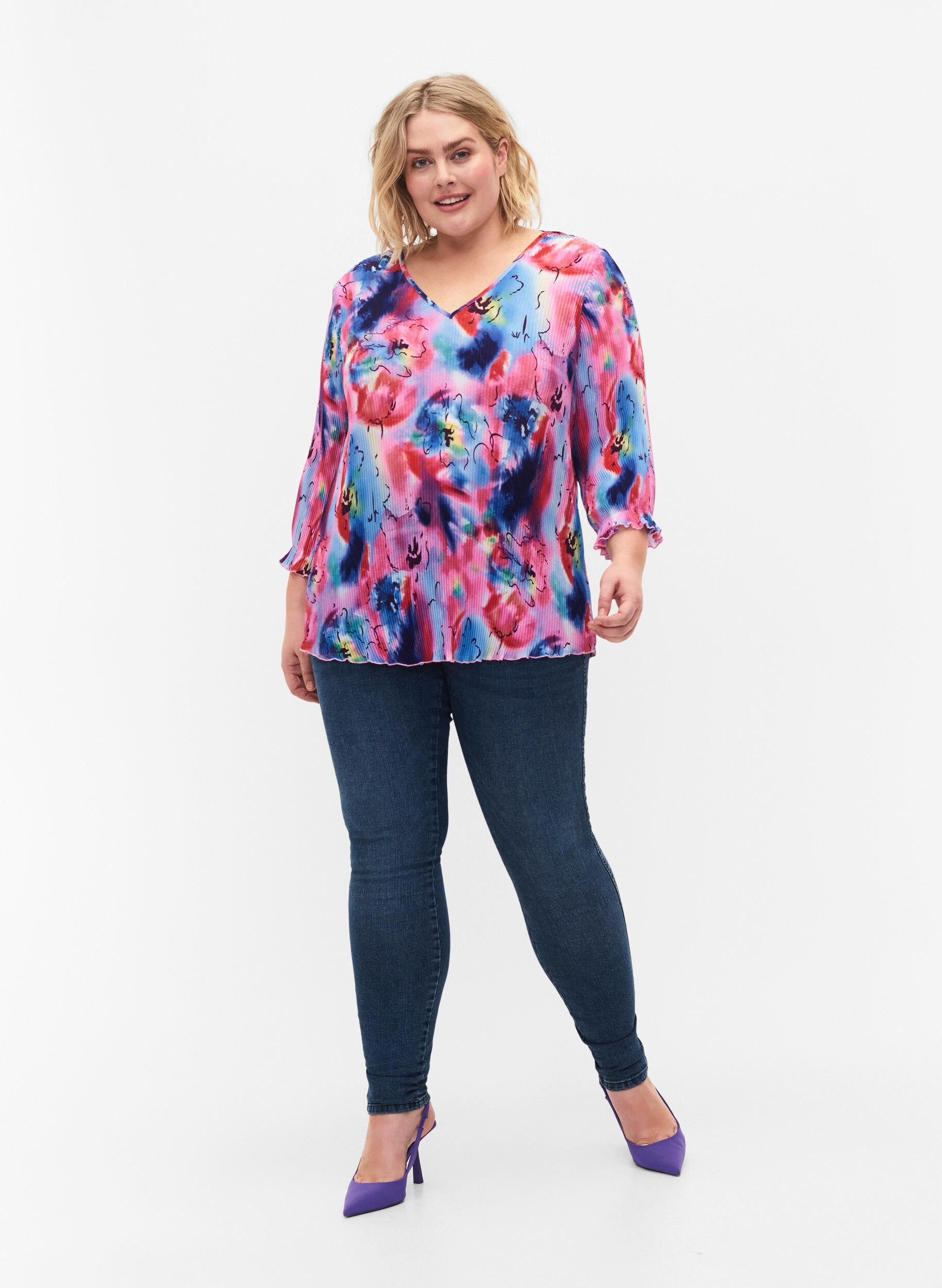 ZizziPlissierte Bluse mit 3/4-&Auml;rmeln, Lavender Space AOP, Model image number 2