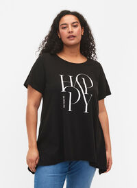 T-Shirt aus Baumwolle mit Textdruck, Black HAPPY, Model