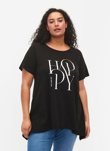 T-Shirt aus Baumwolle mit Textdruck, Black HAPPY, Model image number 0