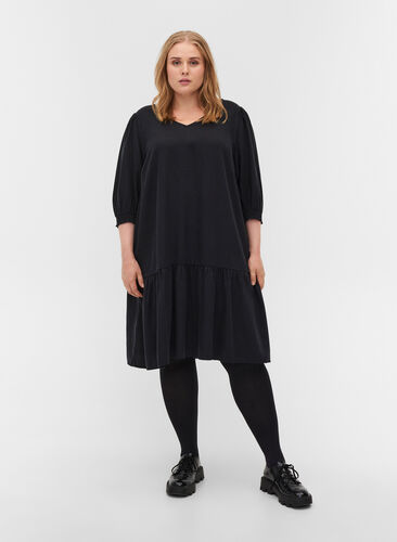 Kleid mit V-Ausschnitt und Smock, Black, Model image number 2