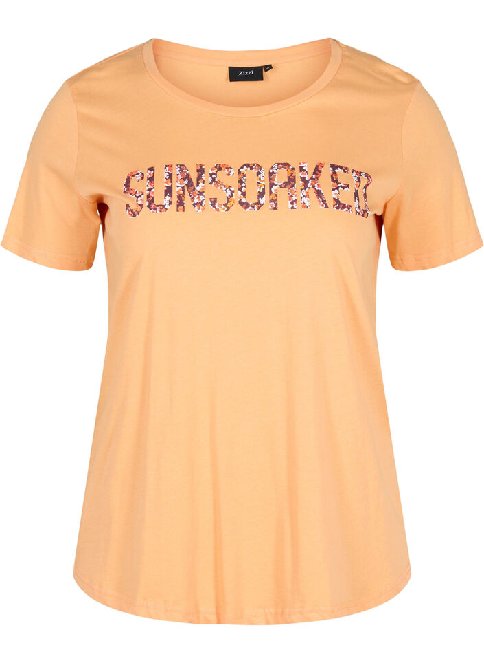Kurzarm T-Shirt aus Baumwolle mit Aufdruck, Apricot Nectar SUN, Packshot image number 0