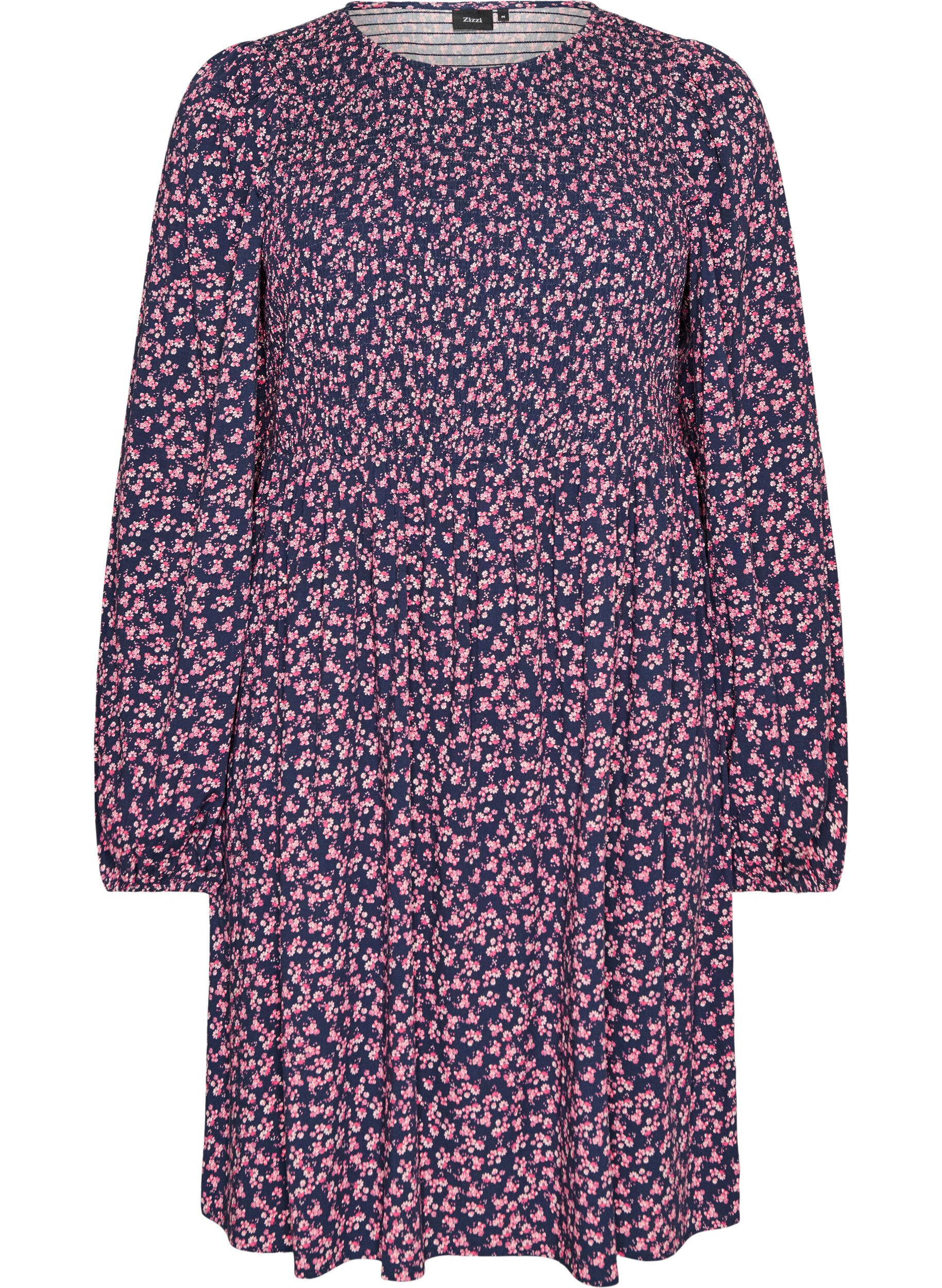 ZizziKleid mit gesmoktem Oberteil und kleingebl&uuml;mtem Muster, Blau, Packshot image number 0
