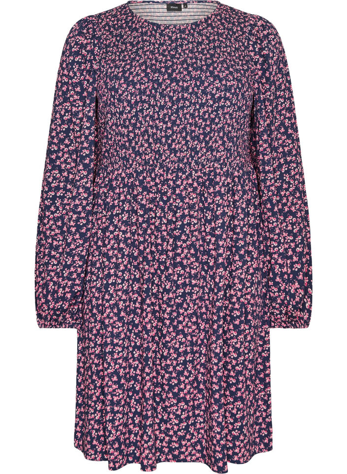 Kleid mit gesmoktem Oberteil und kleingebl&uuml;mtem Muster, Blau, Packshot image number 0