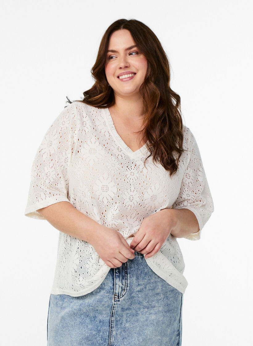 Bluse mit Lochmuster und kurzen Ärmeln, Beige, Model image number 0