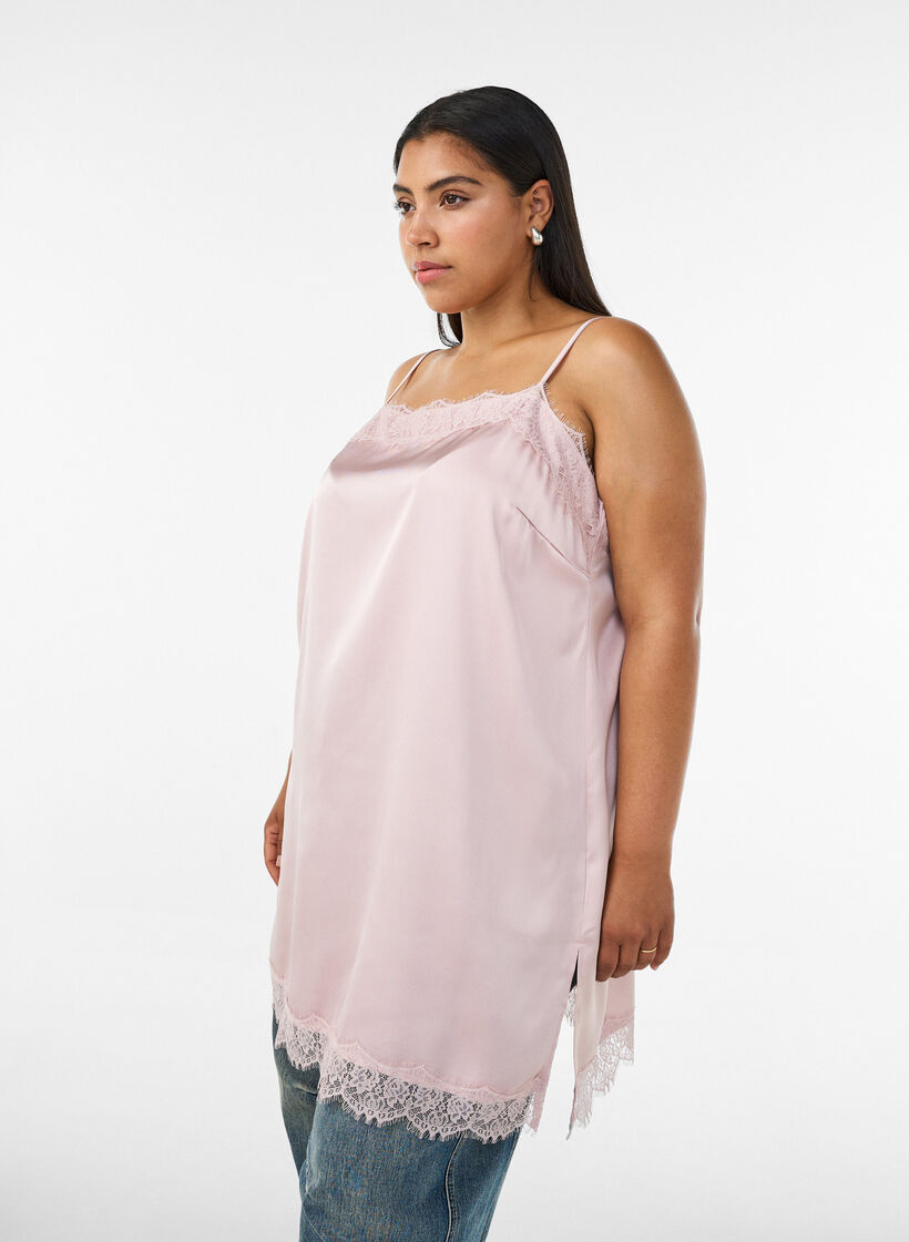 Langes Top aus Satin mit Spitzen, Rot, Model image number 0