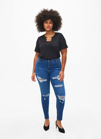Slim-Fit-Jeans mit Abriebdetails, Blue Denim, Model