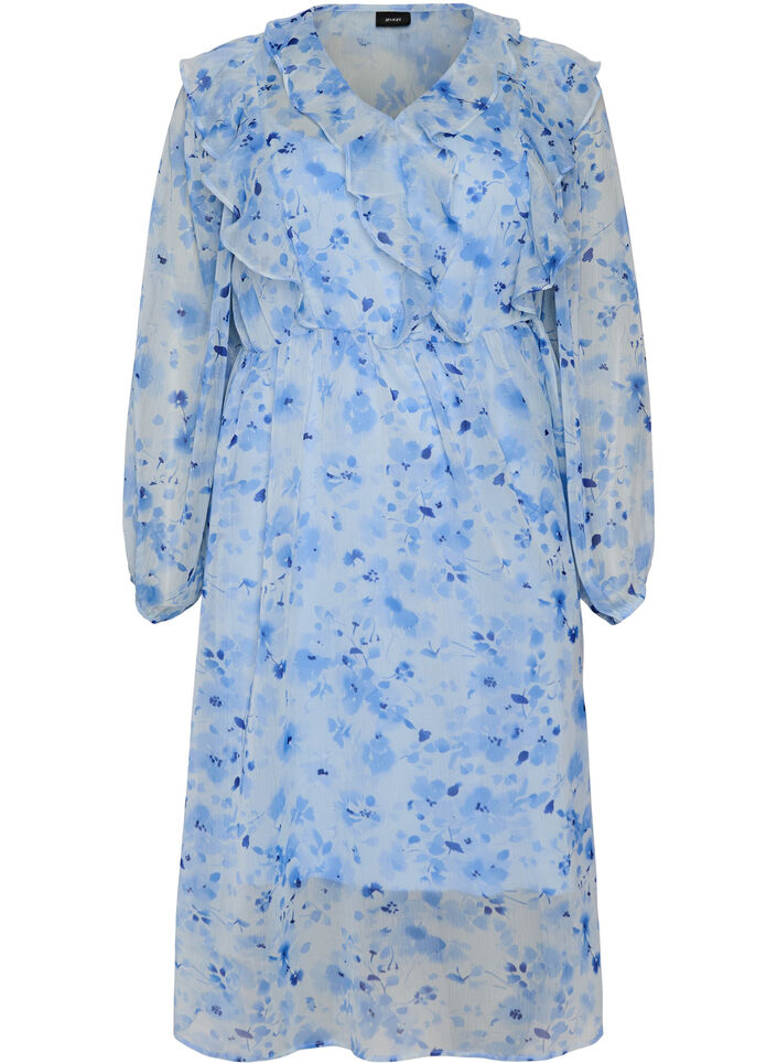 Gebl&uuml;mtes Kleid aus Chiffon mit R&uuml;schen und langen &Auml;rmeln, Blau, Packshot image number 0