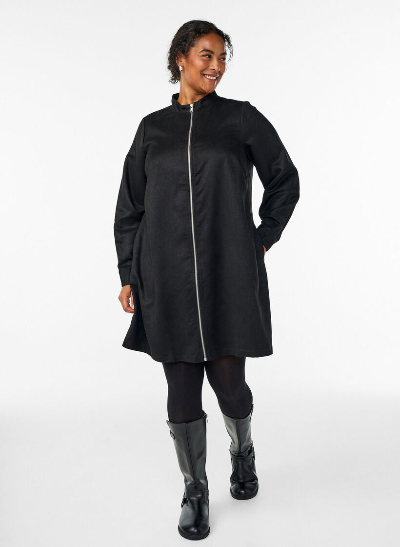 Langes Hemd aus Wildlederimitat mit Reißverschluss, Schwarz, Model image number 1