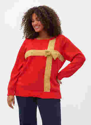 Weihnachtspullover mit Lurex, Red W/gold lurex, Model