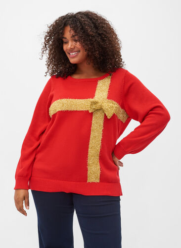 Weihnachtspullover mit Lurex, Red W/gold lurex, Model image number 0