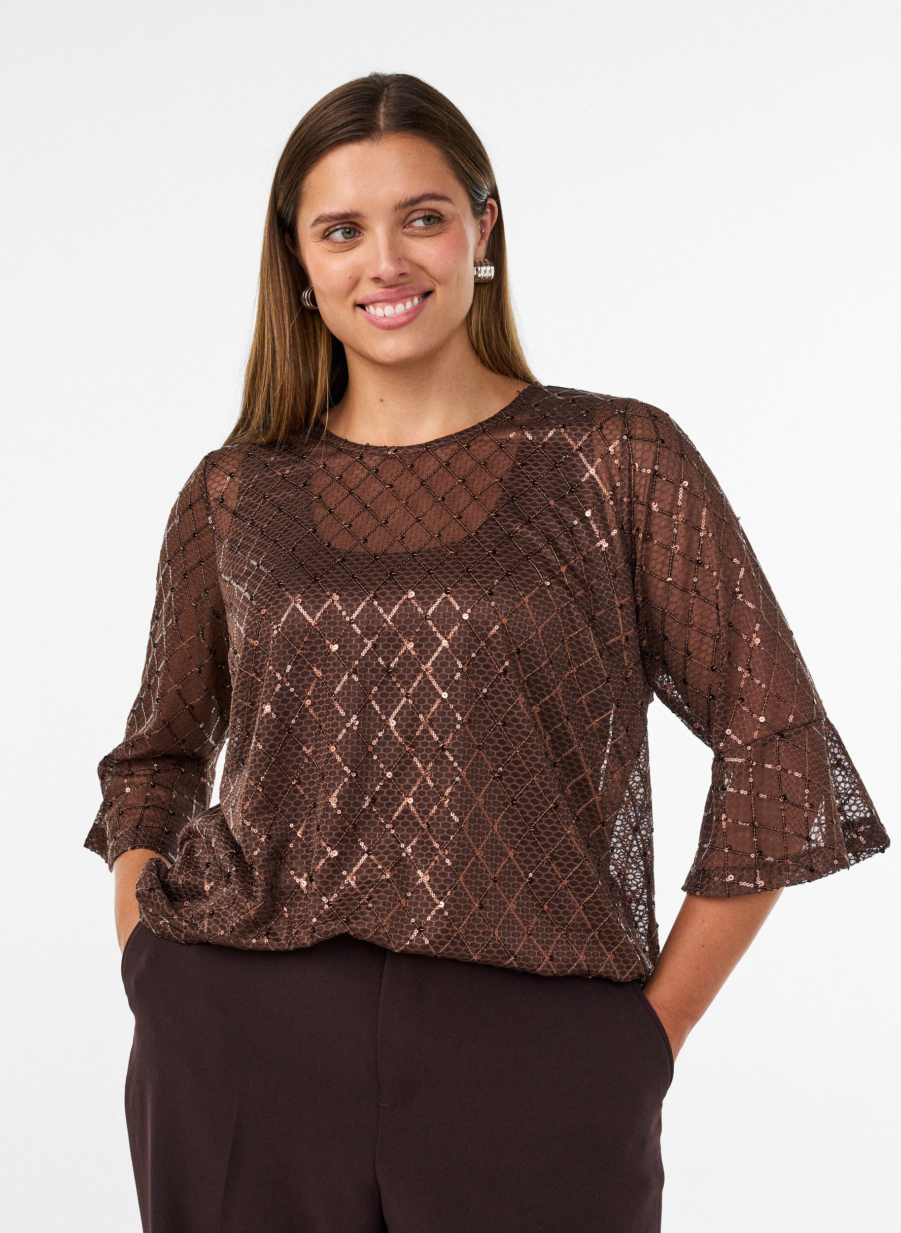 ZizziTransparente Bluse mit Pailletten und Rautenmuster, Braun, Model image number 0