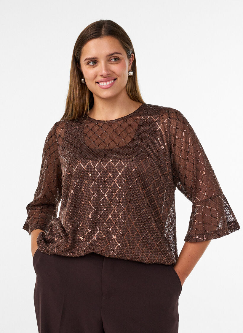 Transparente Bluse mit Pailletten und Rautenmuster, Braun, Model image number 0