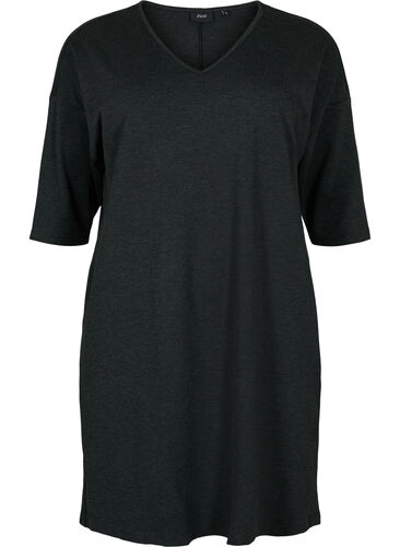 Melange-Kleid mit 3/4-Ärmeln und V-Ausschnitt, Dark Grey Mel., Packshot image number 0