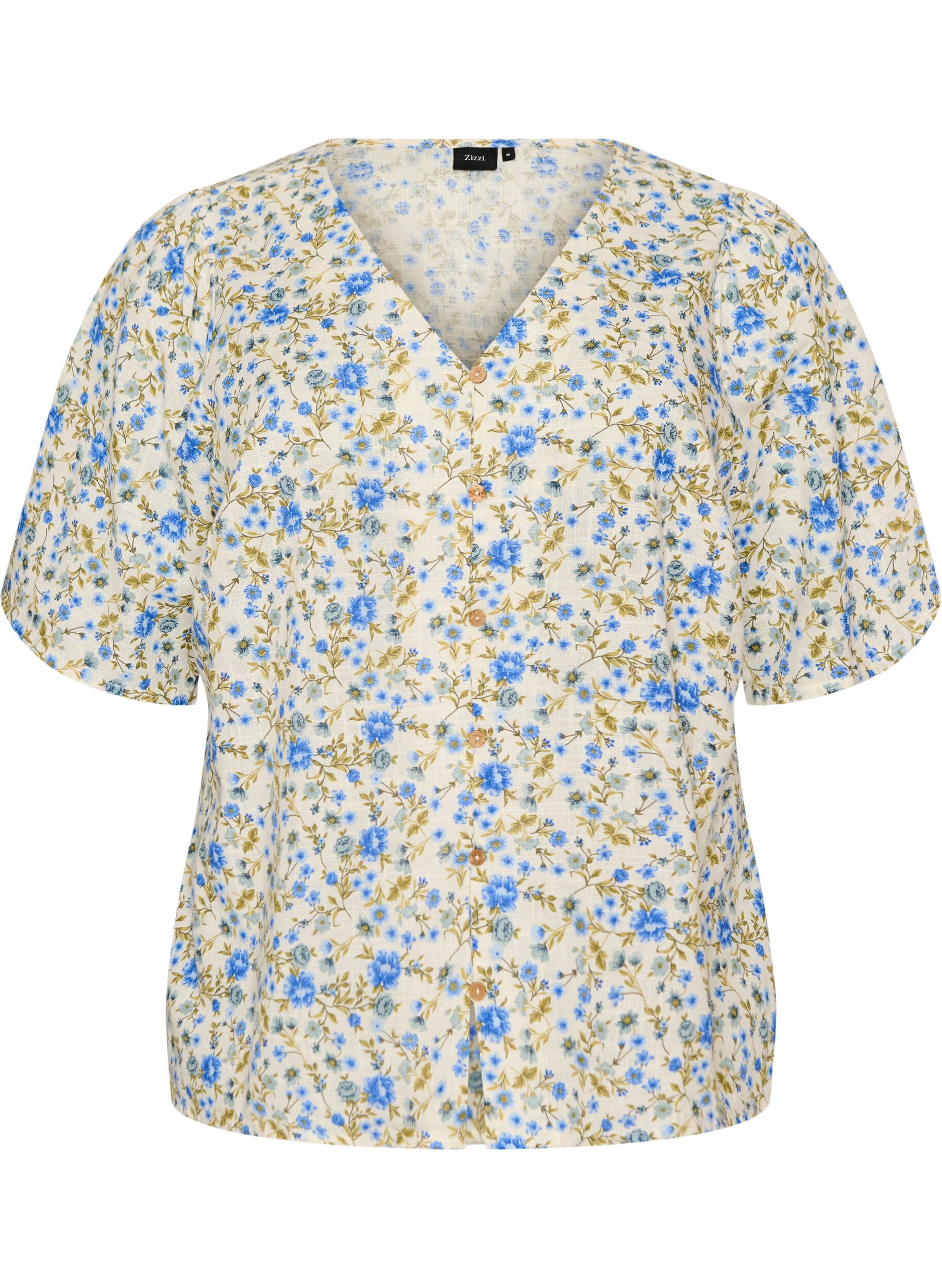 ZizziKurz&auml;rmelige Bluse aus Baumwolle mit V-Ausschnitt, Blau, Packshot image number 0