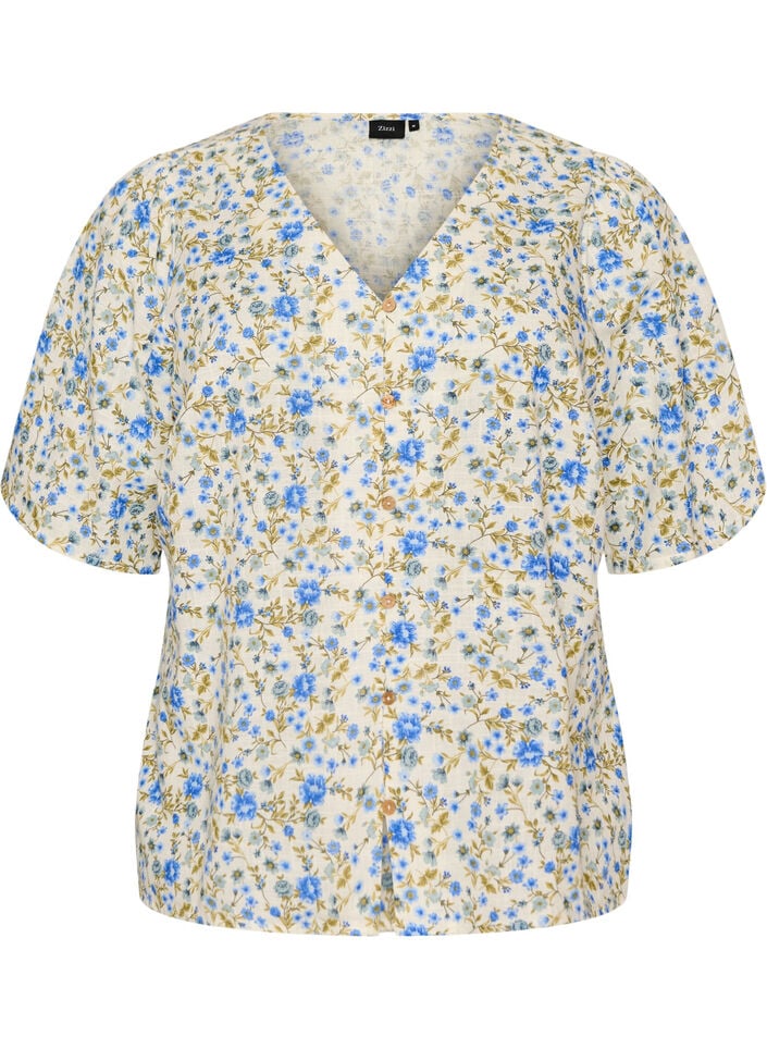 Kurz&auml;rmelige Bluse aus Baumwolle mit V-Ausschnitt, Blau, Packshot image number 0