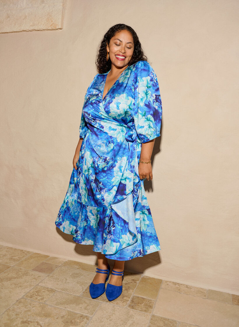 Gebl&uuml;mtes Wickelkleid mit 3/4-&Auml;rmeln, Blau, Image image number 0