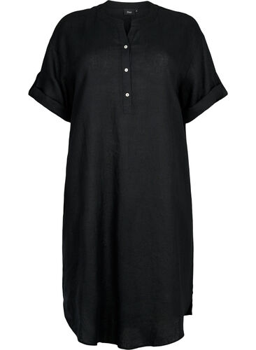 Linen Kleid mit kurzen Ärmeln, Black, Packshot image number 0