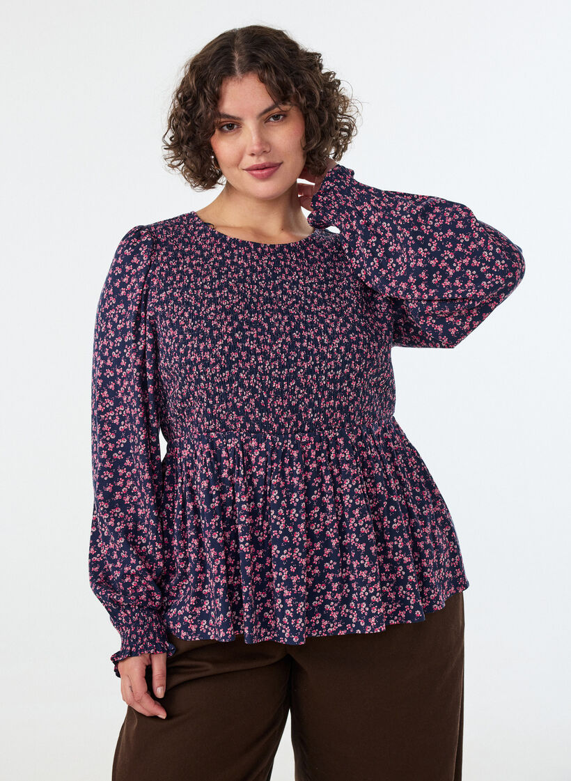 Bluse mit gesmoktem Oberteil und gebl&uuml;mtem Print, Blau, Model image number 2