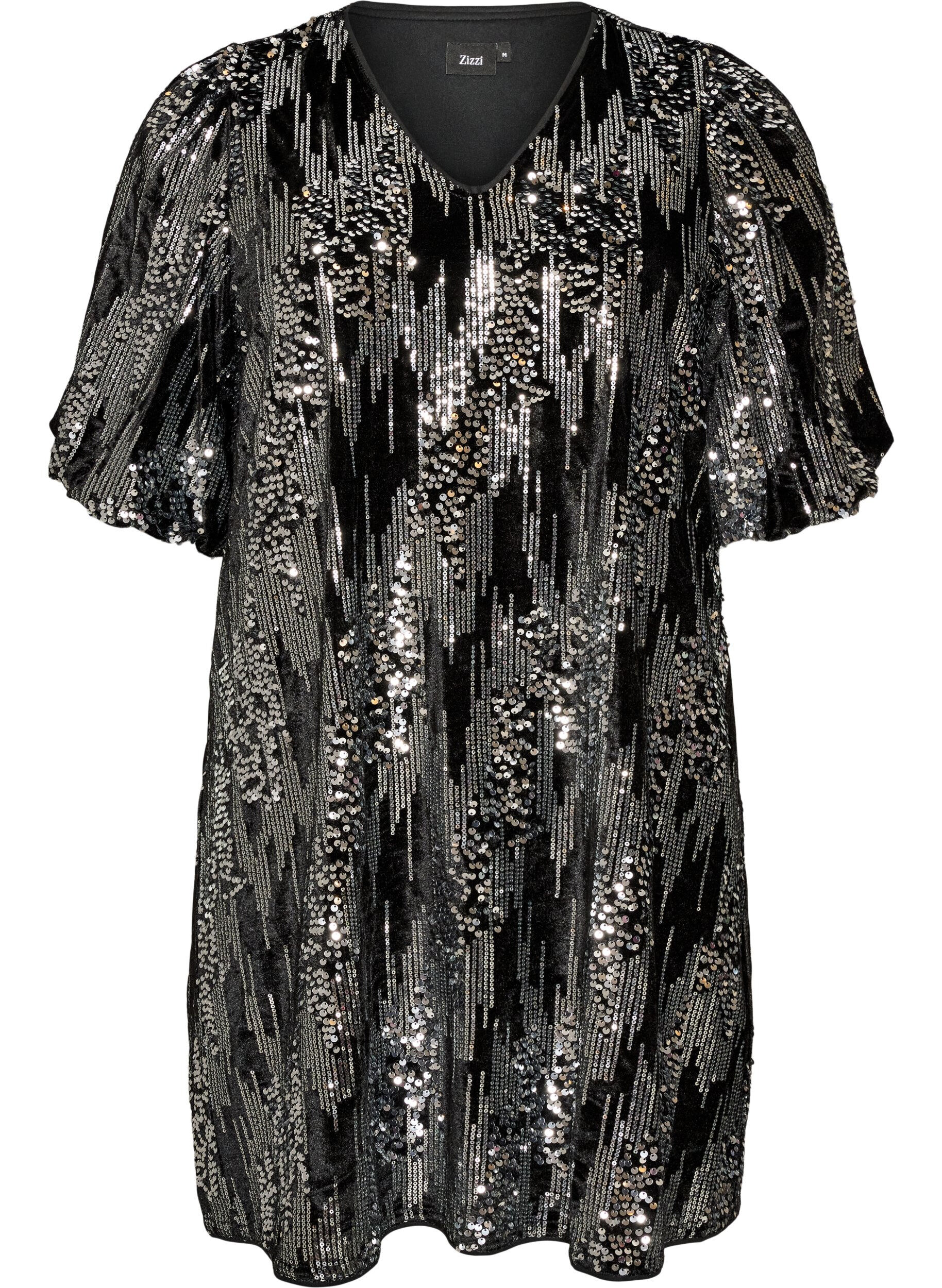 Kurzes Kleid mit Pailletten und Ballon&auml;rmeln