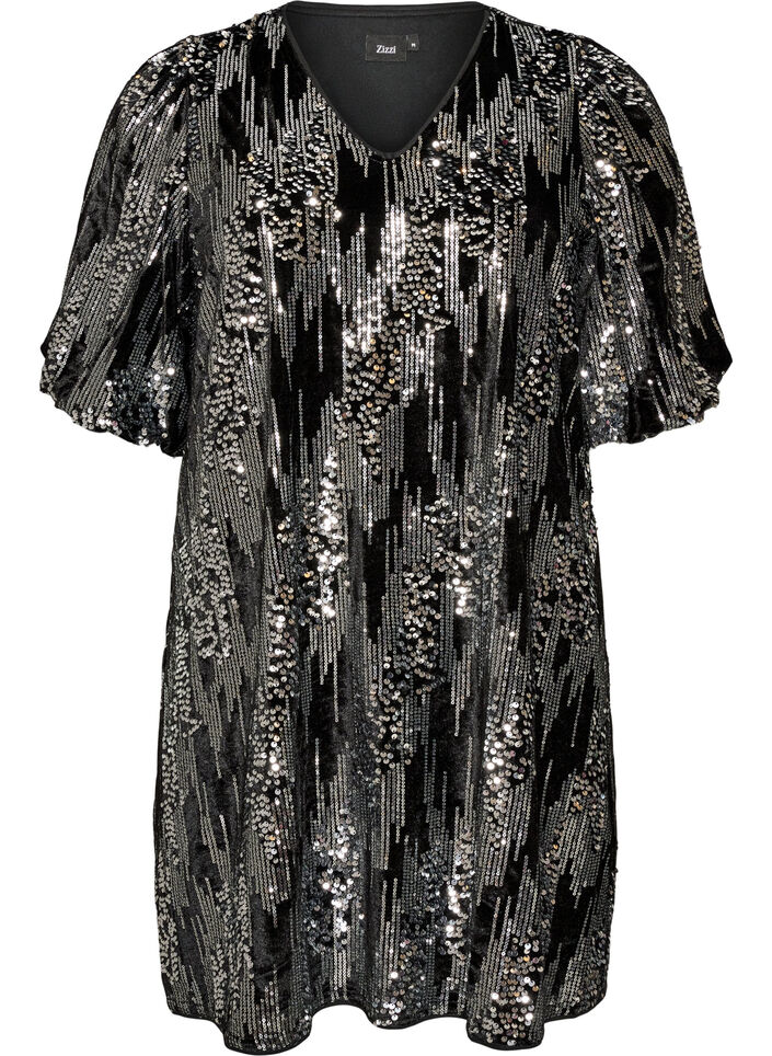 Kurzes Kleid mit Pailletten und Ballon&auml;rmeln, Schwarz, Packshot image number 0