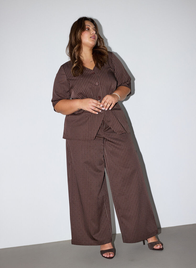 Nadelstreifenhose mit Strasssteinen und weitem Bein, Braun, Model image number 0