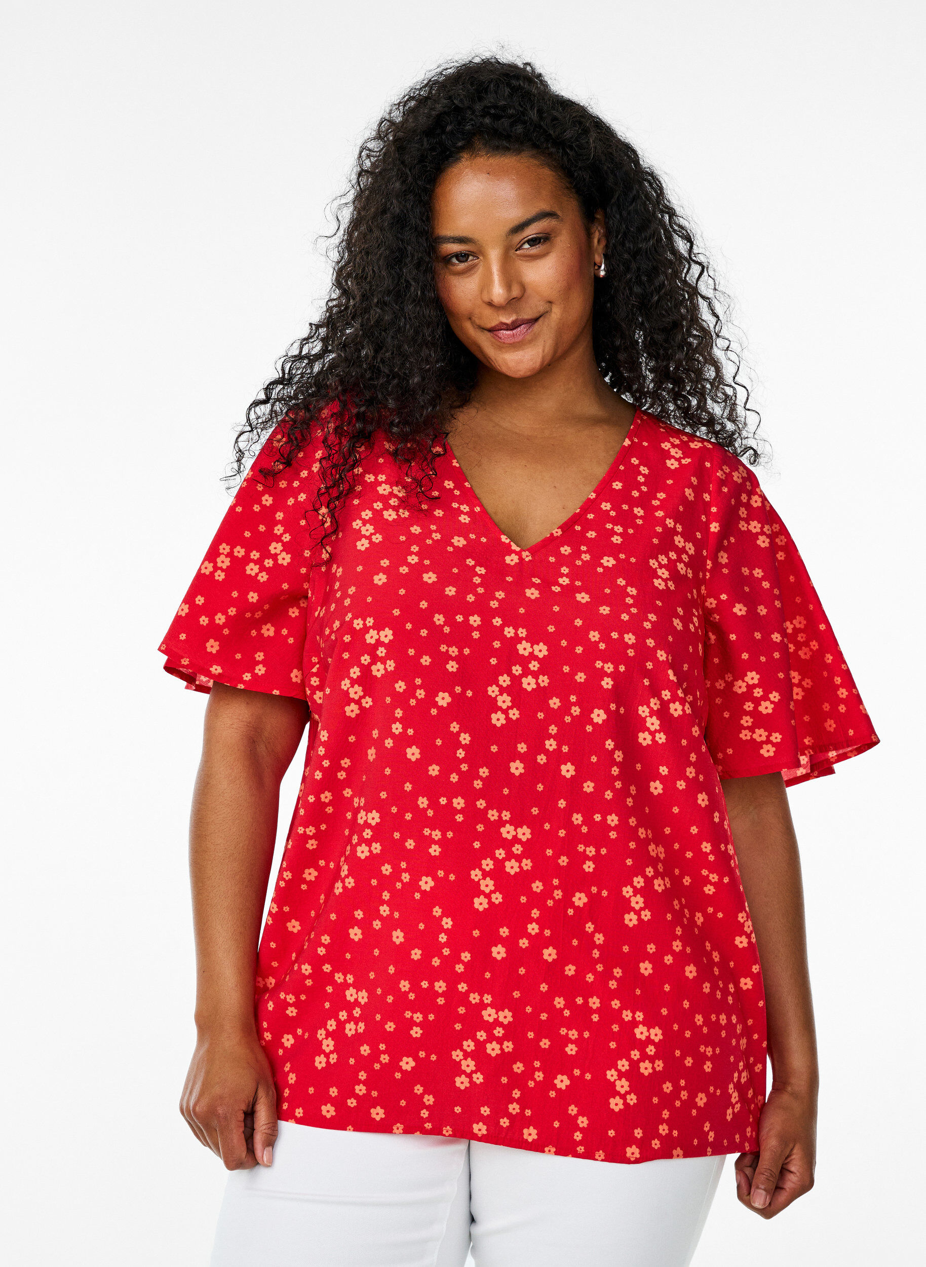 Bluse mit Blumenmuster und Fledermaus&auml;rmeln, Rot, Model