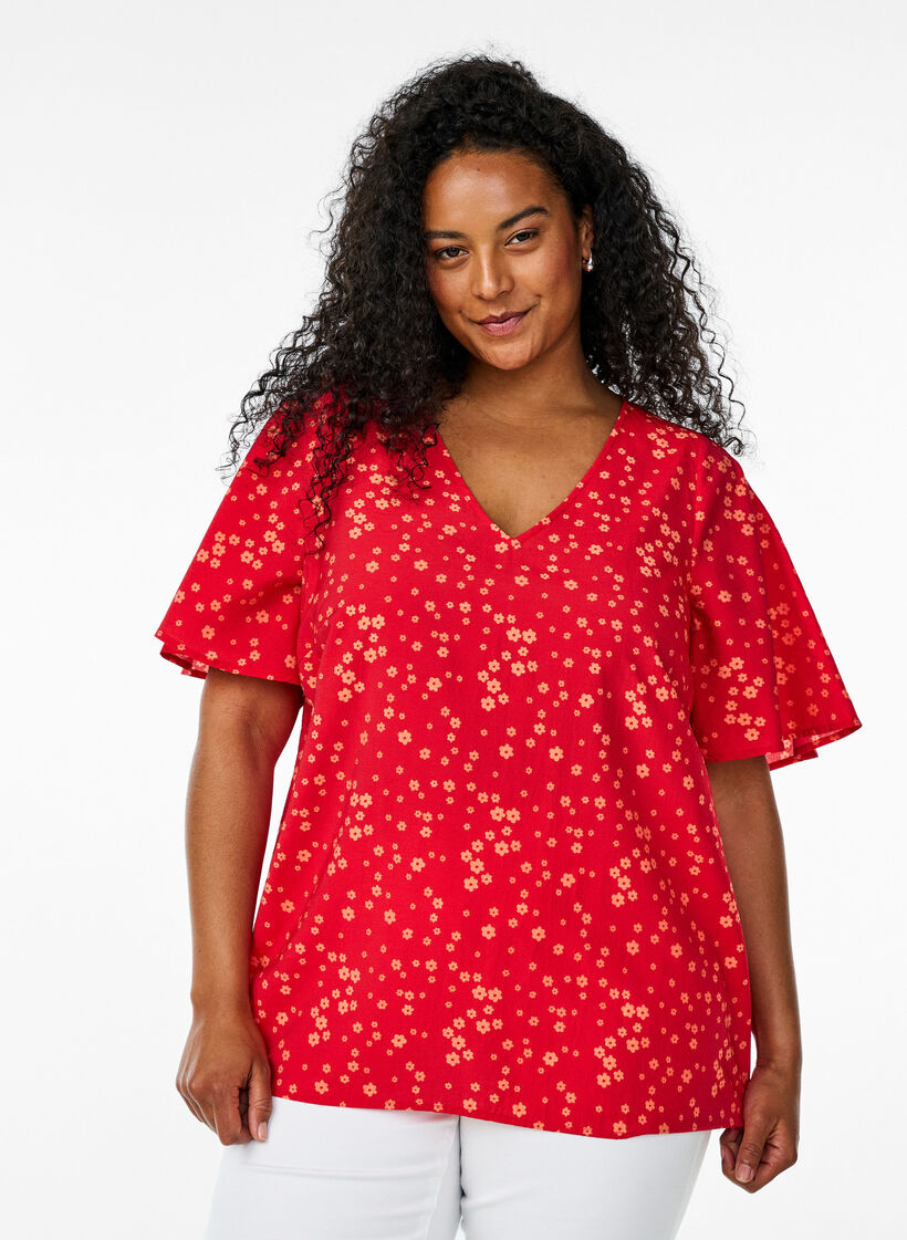 Bluse mit Blumenmuster und Fledermausärmeln, Rot, Model image number 0