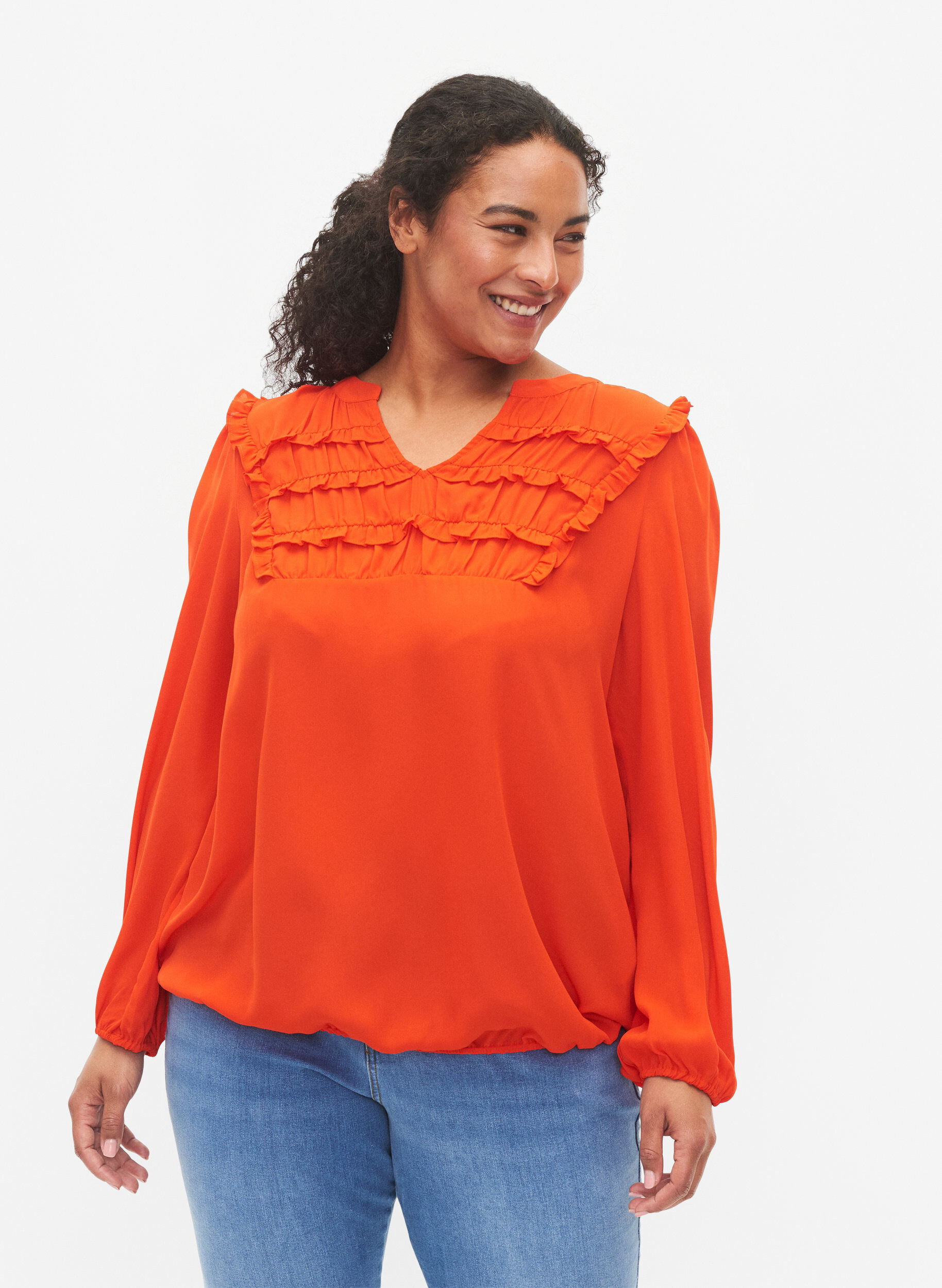 ZizziLang&auml;rmlige Bluse mit R&uuml;schendetails, Orange.com, Model image number 0
