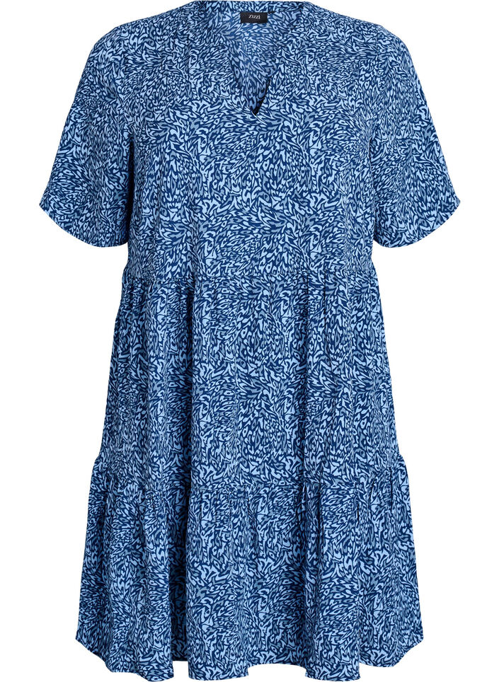 Kurzarmkleid mit A-Linie und Teilungsn&auml;hten, Blau, Packshot image number 0