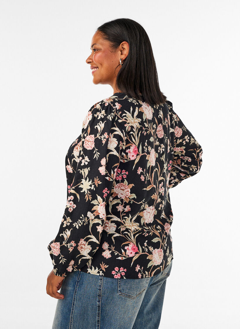 Gebl&uuml;mte Bluse aus Leinen und Viskose mit langen &Auml;rmeln, Schwarz, Model image number 2
