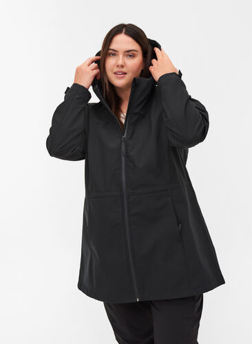 Softshell-Jacke mit Kapuze und verstellbarer Taille, Black, Model image number 0