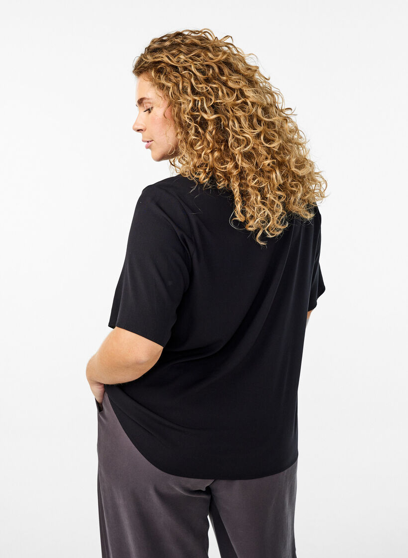 FLASH &ndash; Kurz&auml;rmelige, gewebte Bluse mit Rundhals, Schwarz, Model image number 2