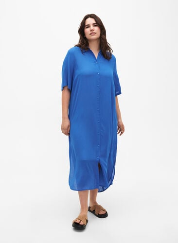 Hemdkleid aus Viskose mit kurzen Ärmeln, Victoria blue, Model image number 0