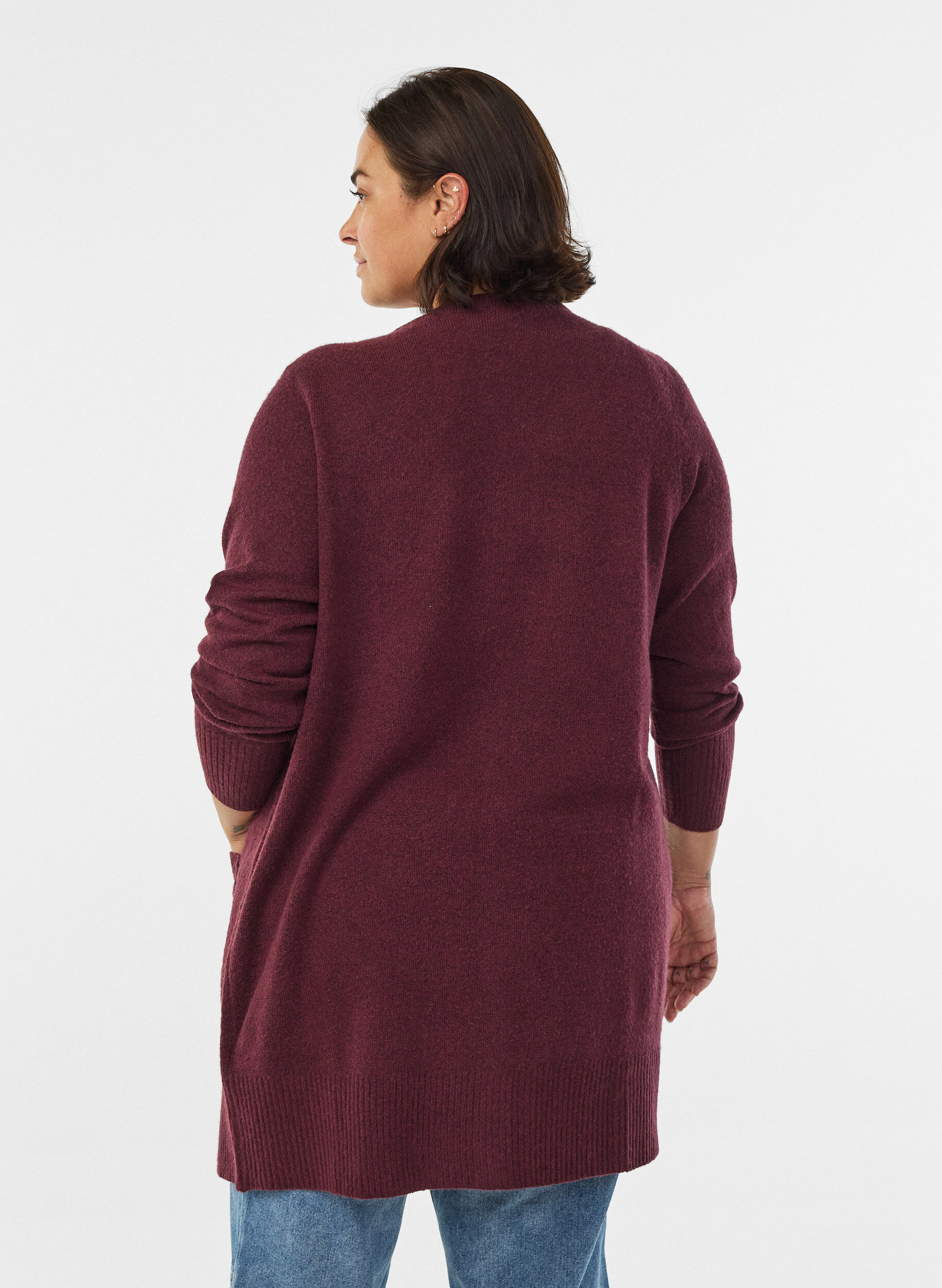 ZizziStrickjacke mit Rippenstrick und Taschen, Dunkles Bordeaux, Model image number 2