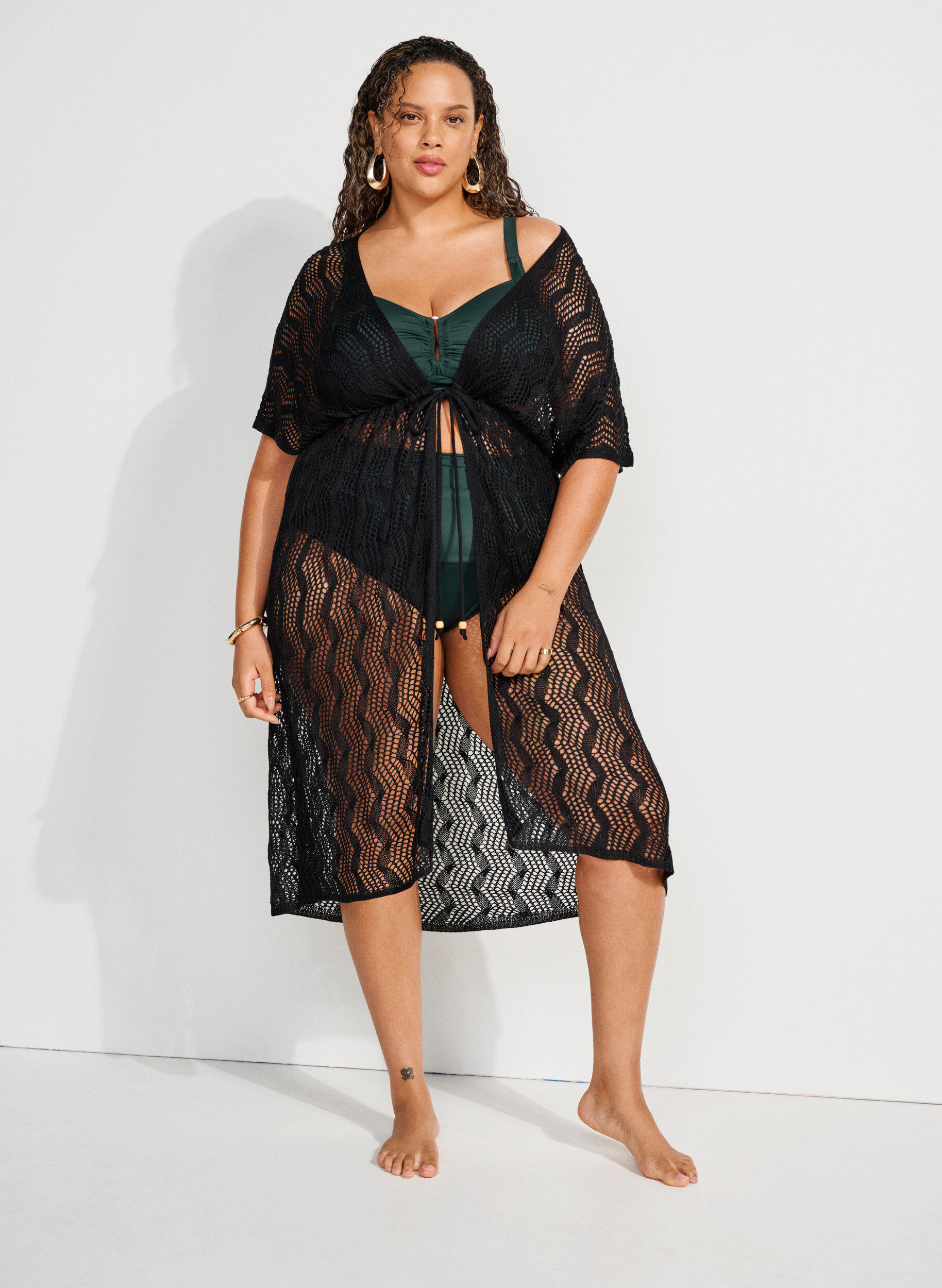 ZizziStrandkimono mit Bindeg&uuml;rtel, Schwarz, Image image number 0