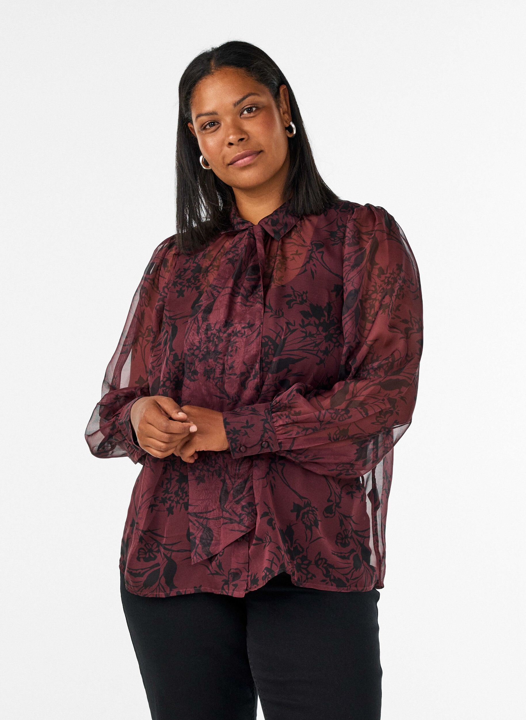 ZizziTransparente Hemdbluse mit Blumenmuster und Bindedetail, Dunkles Bordeaux, Model image number 0