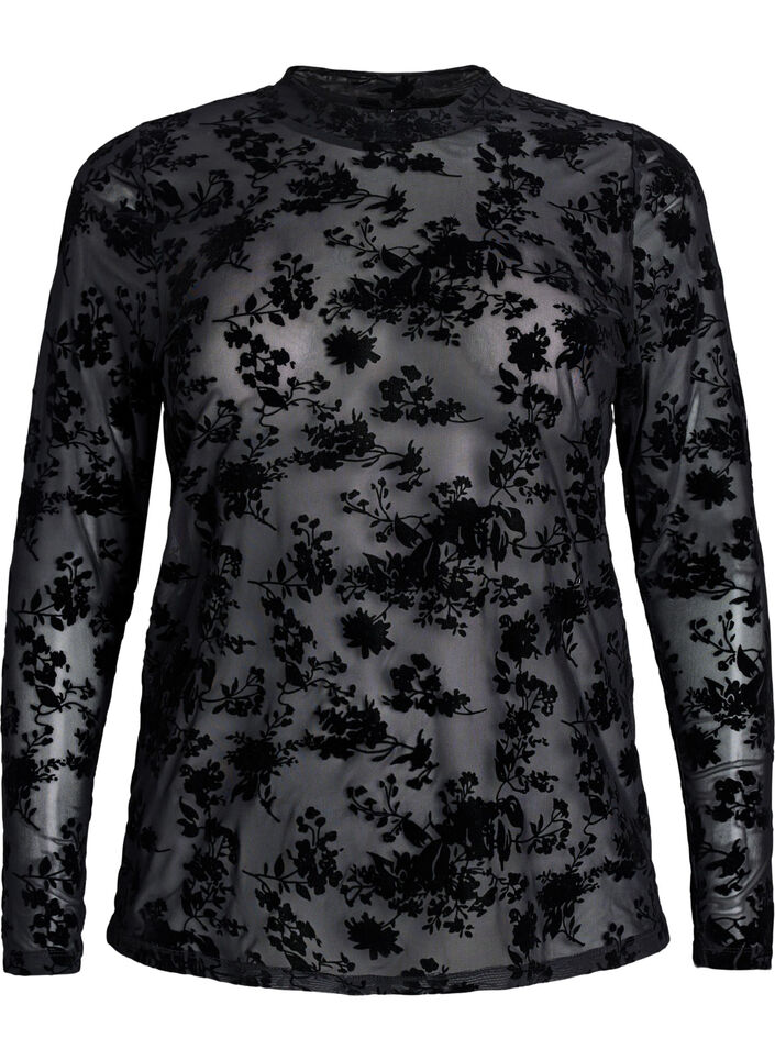 Meshbluse mit Blumenmuster, Schwarz, Packshot image number 0