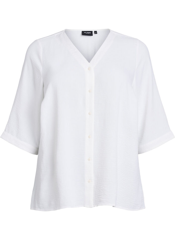 Bluse mit V-Ausschnitt und 3/4-&Auml;rmeln, Vanille, Packshot image number 0