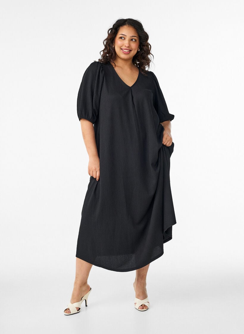 Midikleid mit V-Ausschnitt und Struktur, Schwarz, Model image number 0