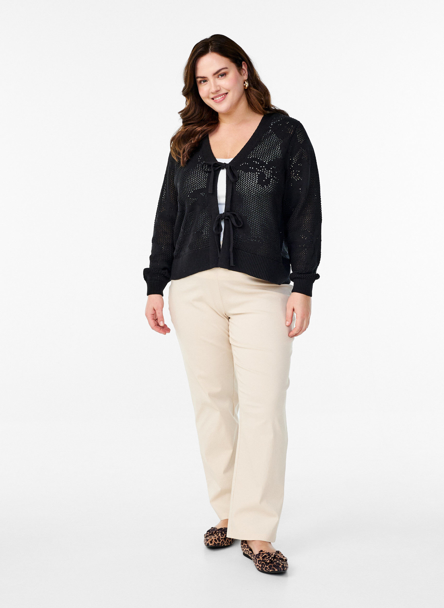 ZizziStrickjacke mit Lochmuster und Bindeb&auml;ndern, Black, Model image number 2