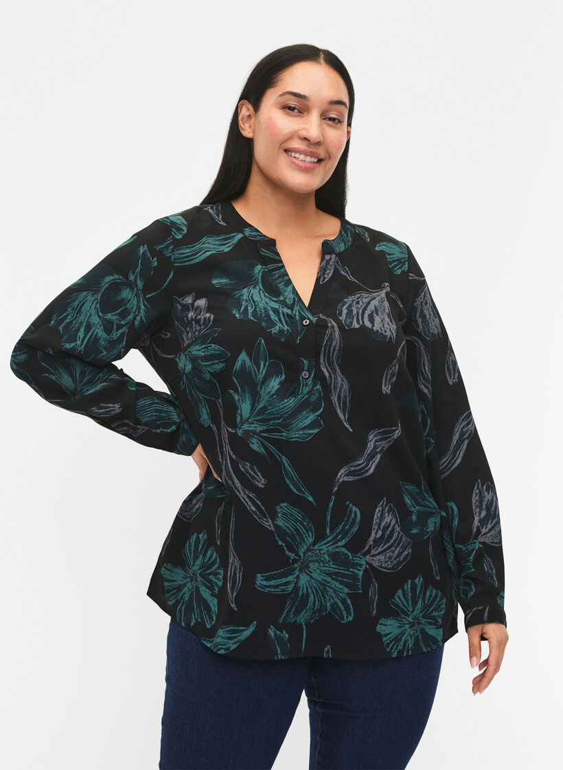 FLASH &ndash; Lang&auml;rmlige Bluse mit Druck, Black Scarab Flower, Model image number 0