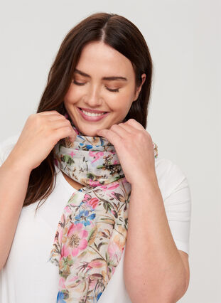 Printed scarf with fringe, Light Flower AOP, Model image number 0