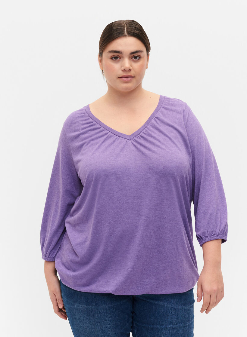Melange-Bluse mit V-Ausschnitt, Deep Lavender Mél, Model image number 0