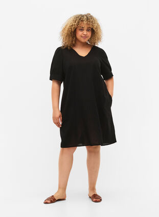 V-Ausschnitt-Kleid aus Baumwollmischung mit Leinen, Black, Model image number 2