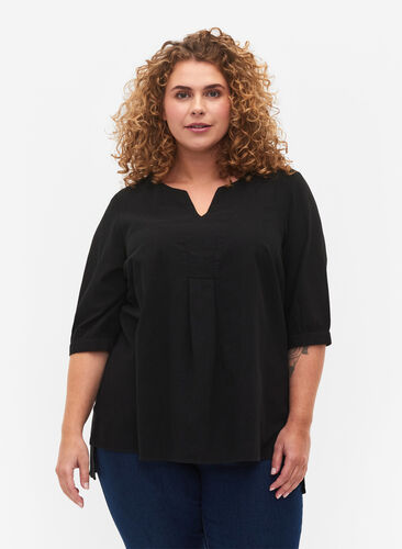 FLASH - Bluse aus Baumwolle mit halblangen Ärmeln, Black, Model image number 0