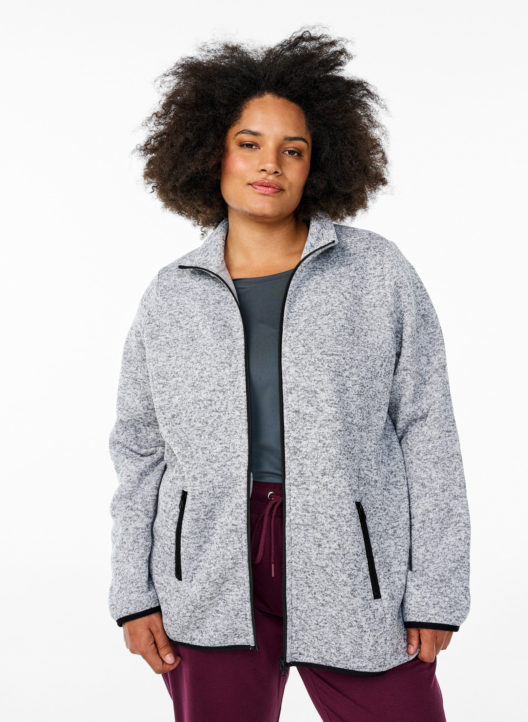ZizziJersey-Cardigan mit hohem Kragen und Rei&szlig;verschluss, Grau, Model image number 0