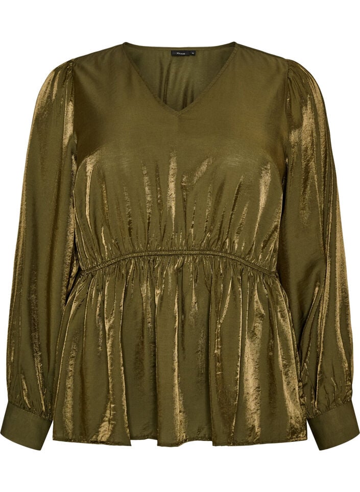 Gl&auml;nzende Bluse aus Viskose mit Peplum-Effekt, Gr&uuml;n, Packshot image number 0
