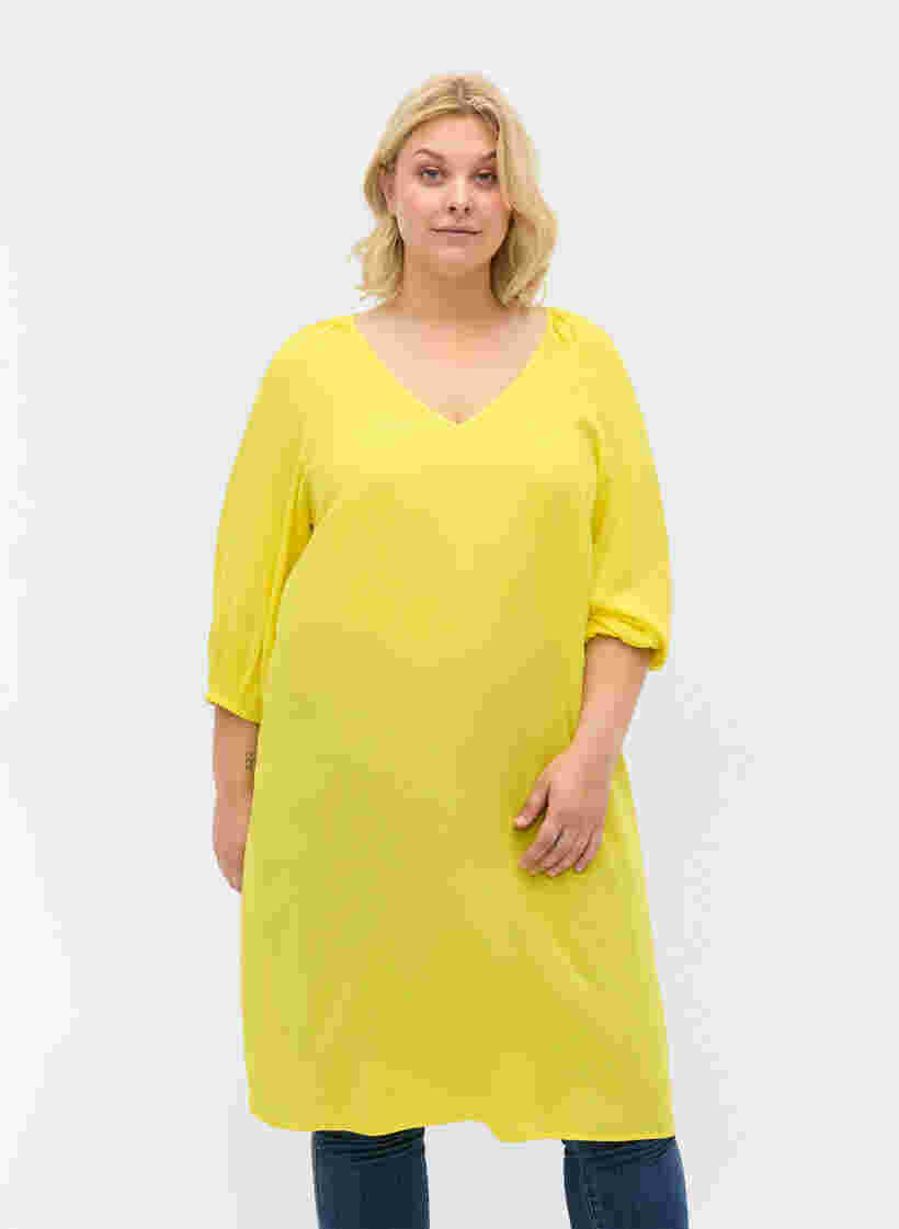 Viskosekleid mit V-Ausschnitt, Blazing Yellow, Model image number 0