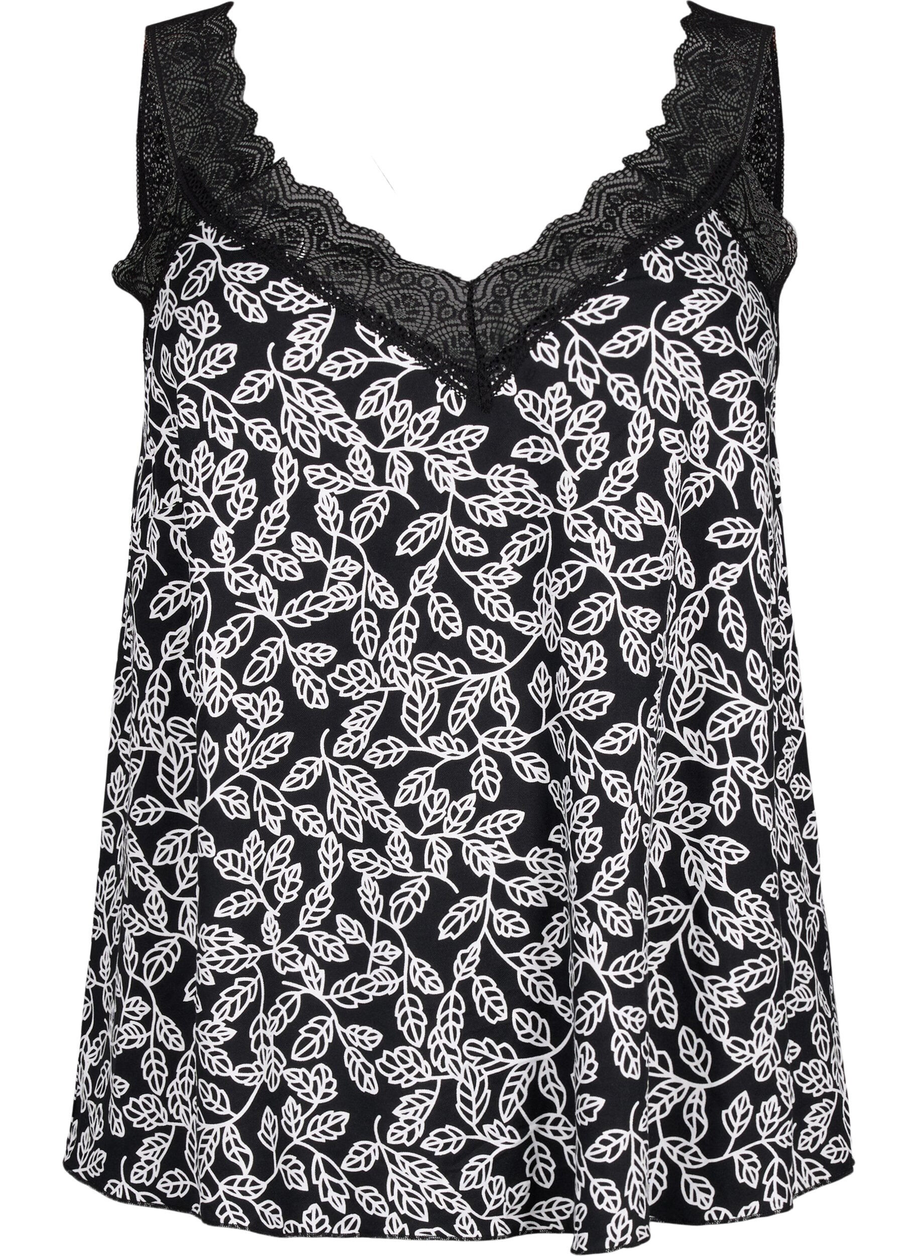 ZizziSpitzentop aus Viskose, Black w. Wh.Leaf AOP, Packshot image number 0